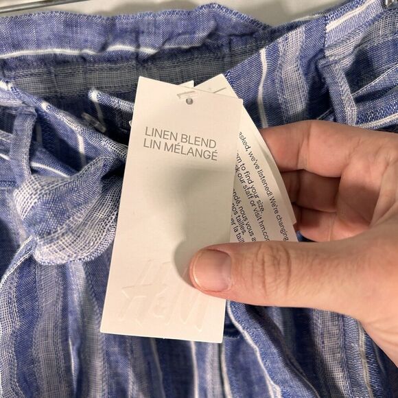 New H&M Linen Blend Shorts Women's 4 Blue White Striped Tie Zip Button 3.5" In - Picture 4 of 7